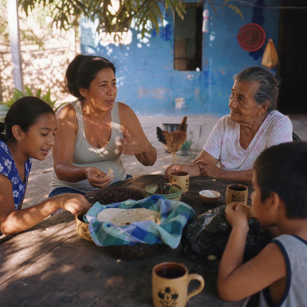A meal shared at a wooden table